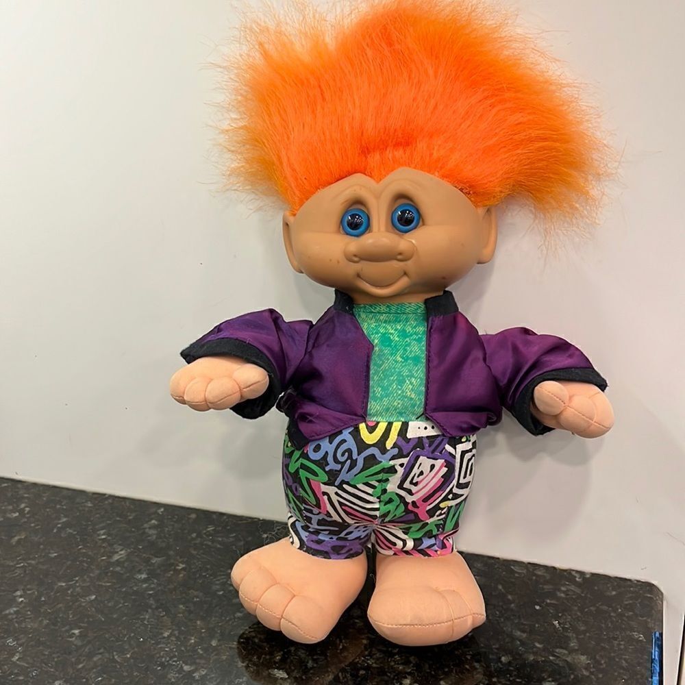 Vintage Plush Ganz Troll Doll with Orange Hair, Blue Eyes and 80's Outfit